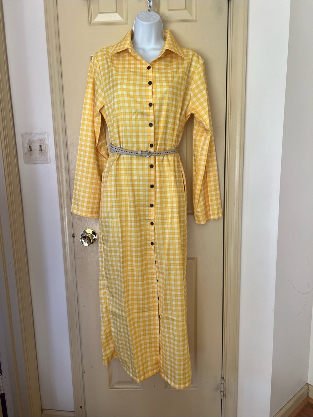 Amazon Yellow Gingham Button-Down Maxi Shirt Dress
